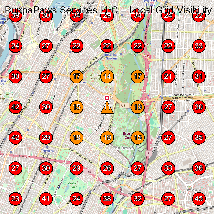 PuppaPaws Services LLC GeoGrid visibility map for Pet Groomer in Bronx